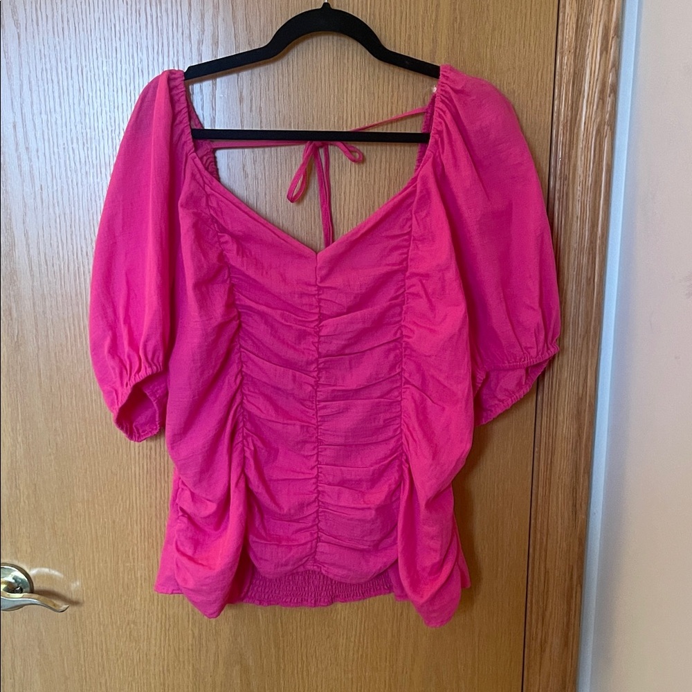 Ava & Viv 1X NWT Fuchsia Ruched Peasant Sleeve Blouse 100% cotton